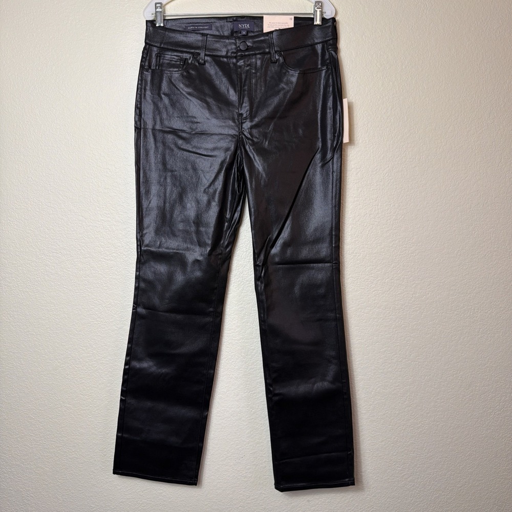 NYDJ Marilyn Straight Jeans Womens 12 Coated Black Faux Leather Lift Tuck Shiny